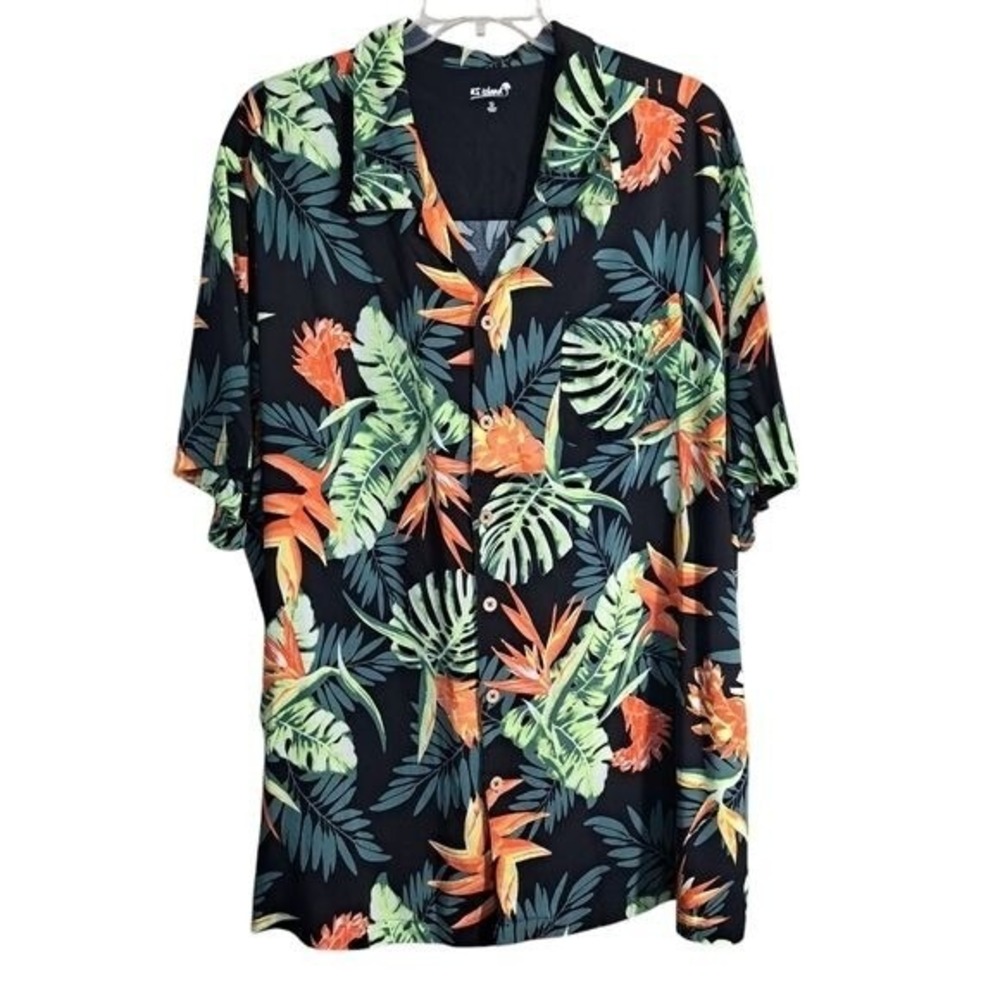 KS Island Men's Button Up Shirt Hawaiian Tropical Floral Print Black/Green 3XL‎